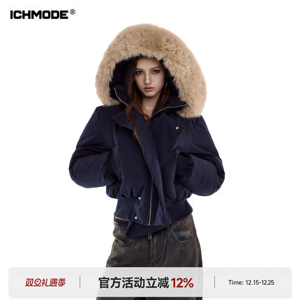 ICH MODE 美式毛领短款棉服女冬季新款加厚棉衣外套防寒保暖棉袄
