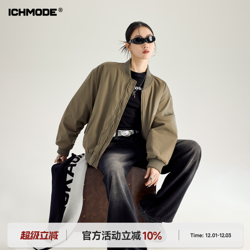 ICH MODE 美式复古纯色棒球领棉服女冬季保暖外套飞行员夹克棉袄