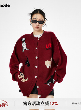 ICH MODE 美式红色针织开衫女冬季2026新款毛衣外套上衣慵懒风
