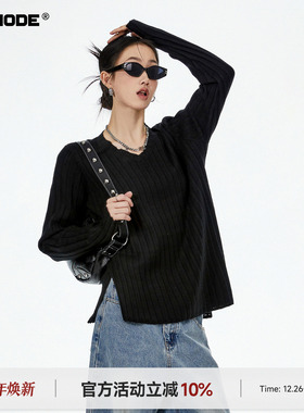 ICH MODE 美式黑色毛衣女秋宽松内搭针织打底衫长袖慵懒风上衣