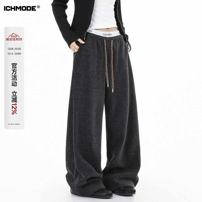ICHMODE 美式加绒裤子女冬季直筒阔腿休闲裤运动裤加厚卫裤糯米裤