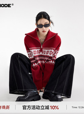ICH MODE 美式费尔岛半拉链套头红色毛衣女秋冬季圣诞针织衫外套