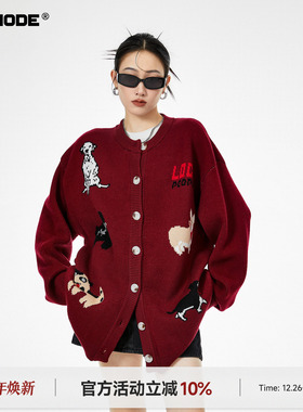 ICH MODE 美式红色针织开衫女冬季2026新款毛衣外套上衣慵懒风