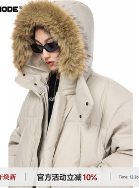 ICH MODE 90白鸭绒美式复古毛领连帽羽绒服女秋冬季保暖防寒外套