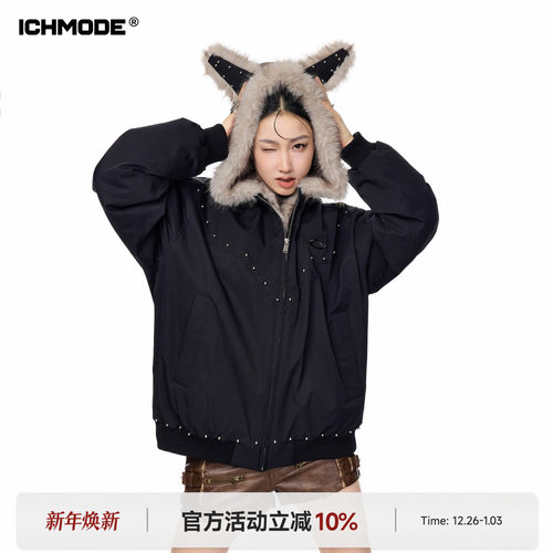 美式复古座山雕棉服女连帽外套