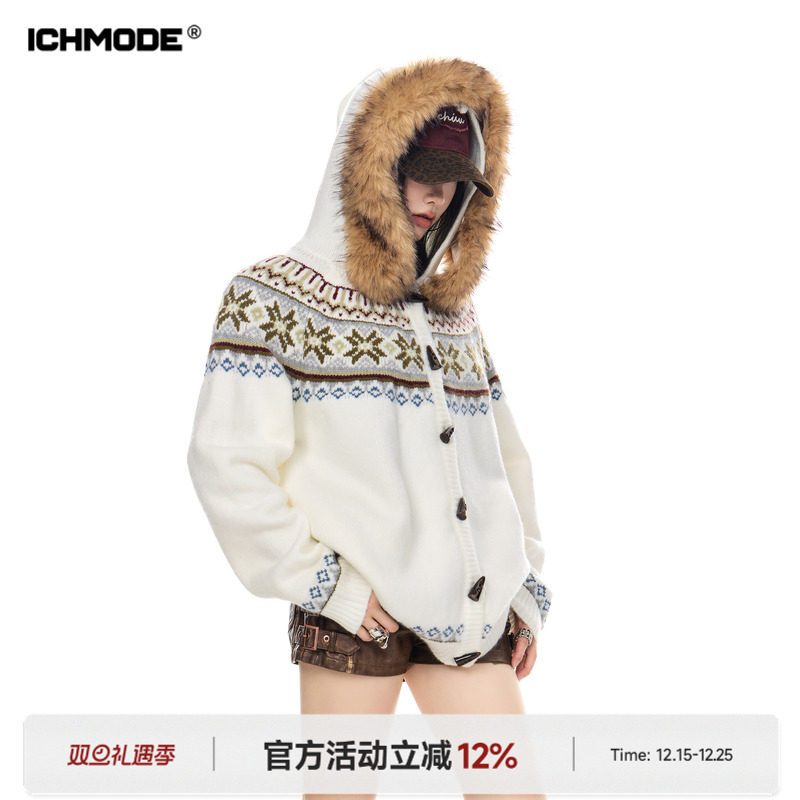 美式费尔岛毛领连帽开衫毛衣女