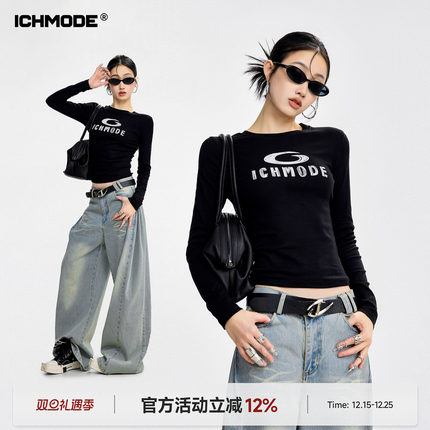 ICH MODE 美式正肩长袖T恤女春季新款修身一字肩圆领上衣打底衫