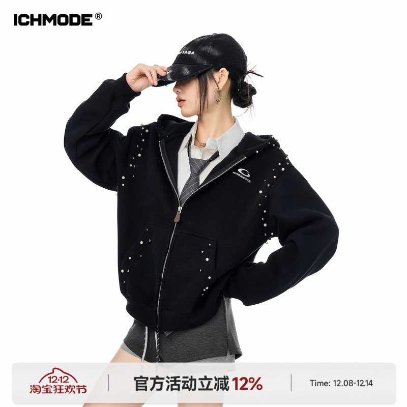 美式珍珠连帽外套宽松开衫上衣