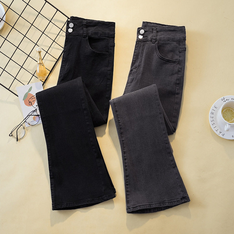 黑色微喇高腰牛仔裤女弹力修身显瘦辣妹直筒宽松阔腿毛边喇叭裤