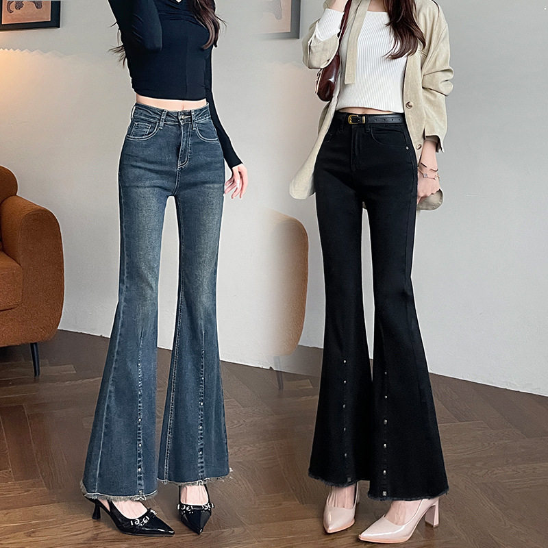 高腰毛边微喇加绒牛仔裤女秋冬季2024年新款显瘦设计感马蹄喇叭裤