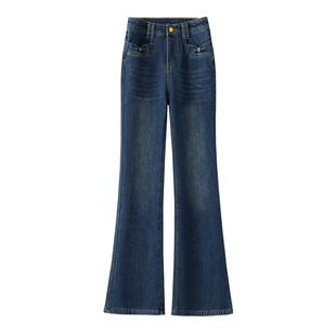 复古蓝微喇加绒牛仔裤女秋冬季2025新款高腰显瘦九分马蹄喇叭裤子