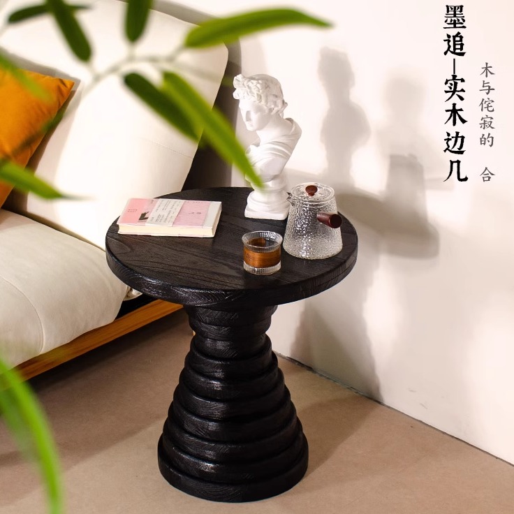 黑色小桌子实木中古风民宿客厅沙发边几轻奢家用角几简约侘寂茶几