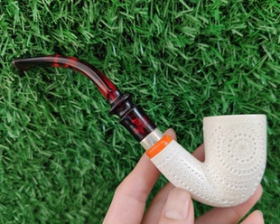 土耳其REIS天然原块海泡石手工大师烟斗精工雕刻银圈弯斗原石块