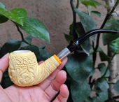 土耳其REIS天然原块海泡石手工大师烟斗精雕工生肖羊原石银圈 包邮