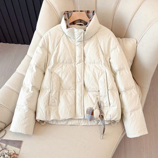 米白色立领短款羽绒服女2025冬季新款宽松加厚保暖韩系面包服外套