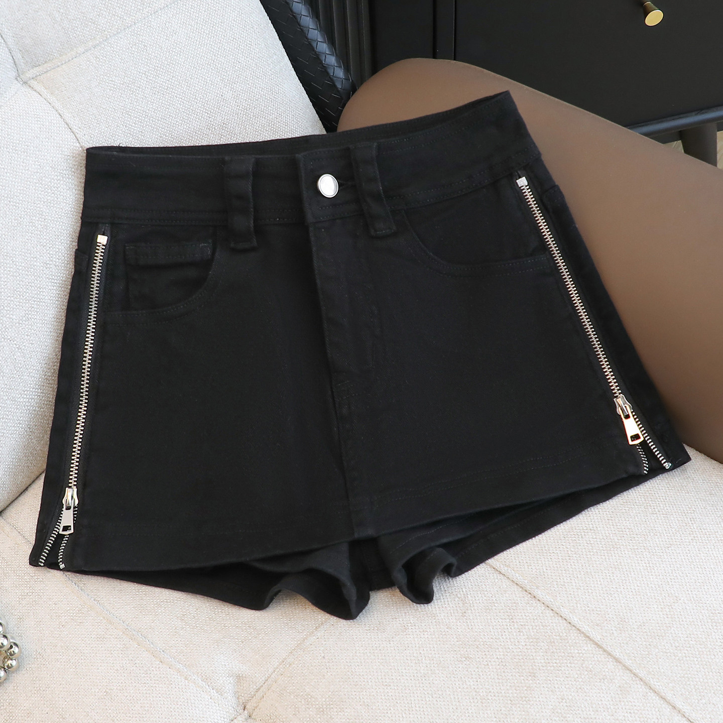 黑色高腰直筒牛仔裤女2026夏季新款微弹宽松显瘦拉链休闲耐磨短裤