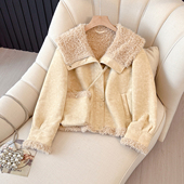 高级感加厚甜美仿羊羔绒棉服外套女秋冬2025新款 皮毛一体翻领上衣