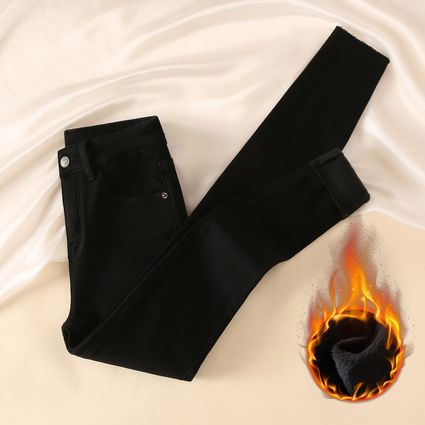 蓝色毛边加绒小脚牛仔裤女2025