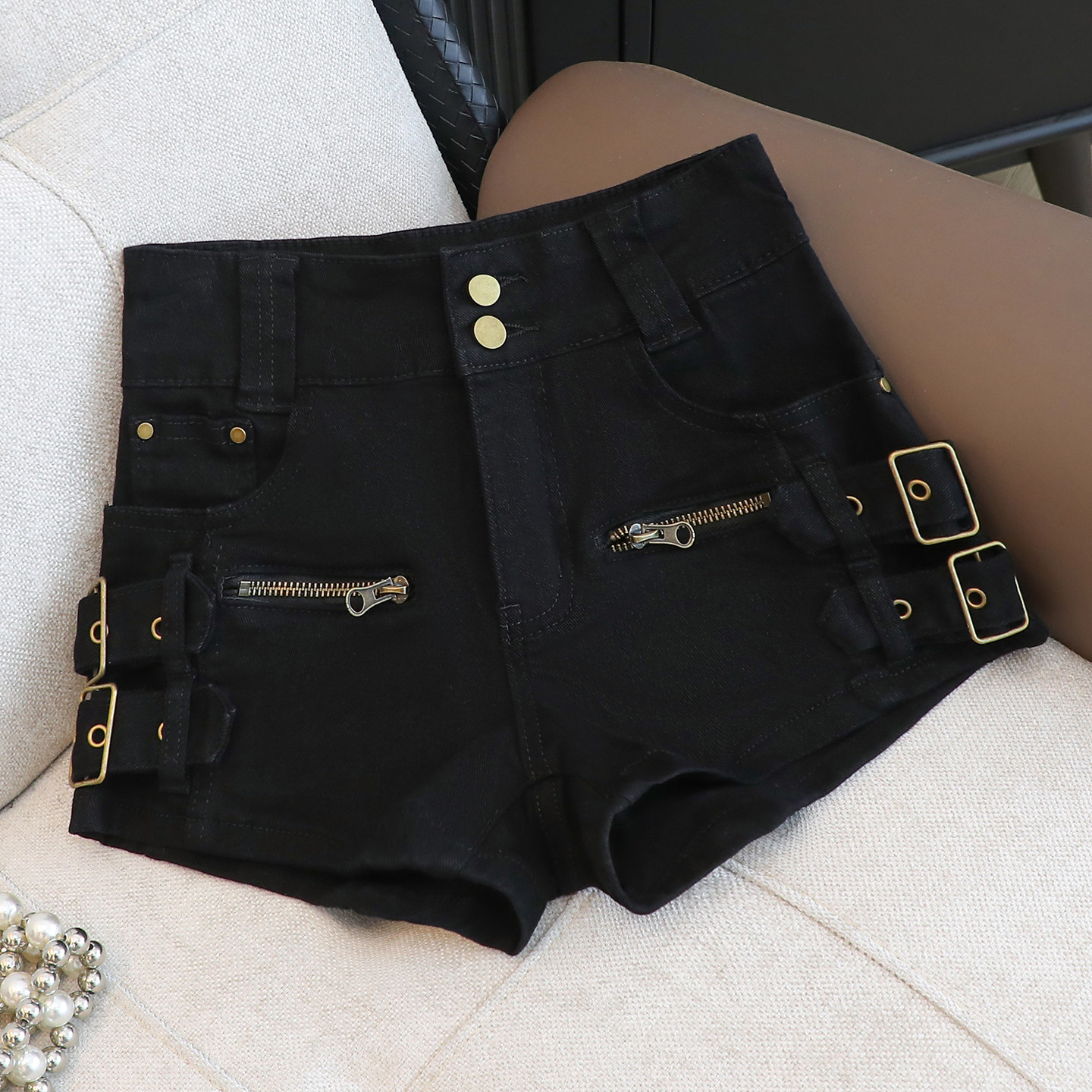 黑色高腰直筒牛仔裤女2026夏季新款简约显瘦休闲拉链时尚潮流短裤