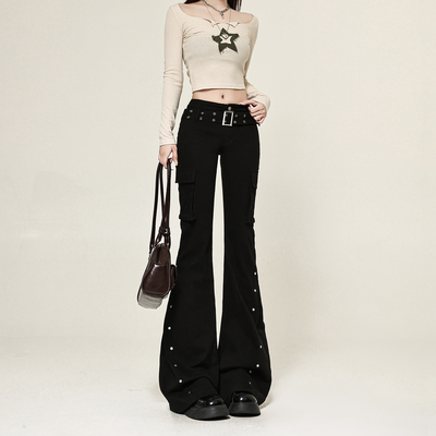黑色辣妹设计感工装铆钉牛仔裤女