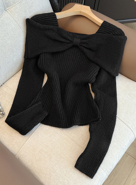 黑色一字肩蝴蝶结毛衣针织衫女2025设计感小众甜辣妹修身打底上衣