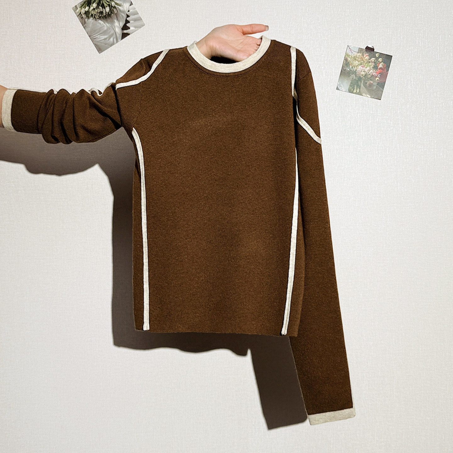 美式休闲咖色修身内搭毛衣女2026年新款独特撞色圆领长袖针织上衣,女装/女士精品,毛针织衫,淘宝优惠券,粉丝福利购,淘宝优惠卷