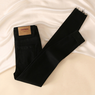 黑色毛边小脚牛仔裤女2025秋冬新款高腰修身显瘦弹力加绒铅笔裤子