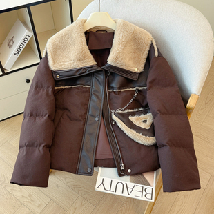 咖色短款羽绒服女2025冬季加厚保暖毛绒翻领宽松外套小个子面包服