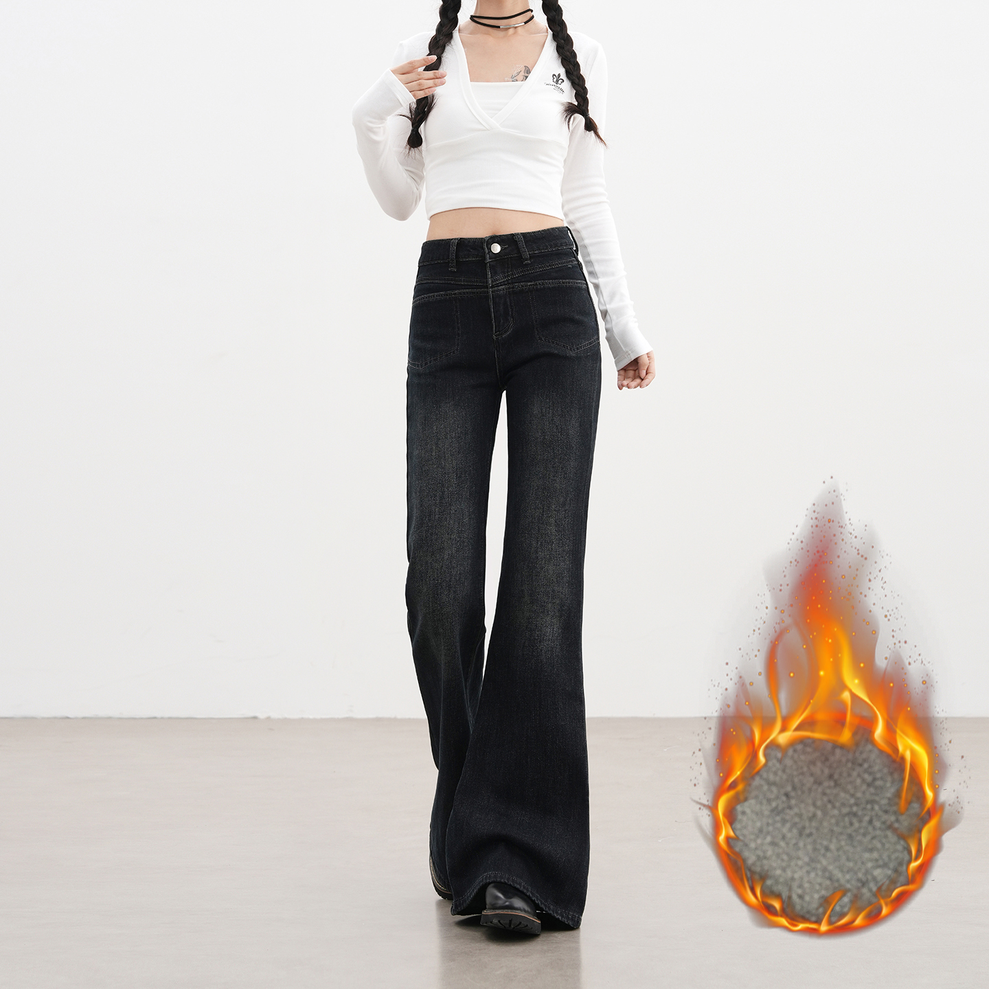 美式复古加绒微喇牛仔裤女2025