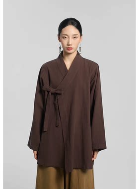 大拙咖啡棕禅意禅修练功汉服新中式国风汉麻棉斜襟绑带外套251212