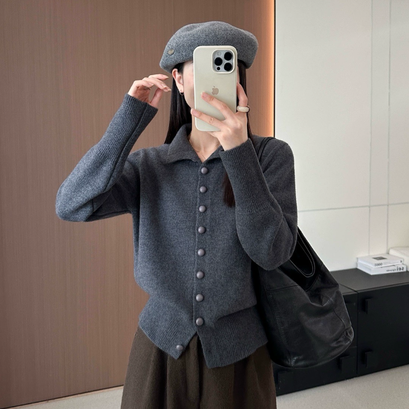 2025新款韩版宽松显瘦翻领长袖针织衫女百搭休闲毛衣上衣