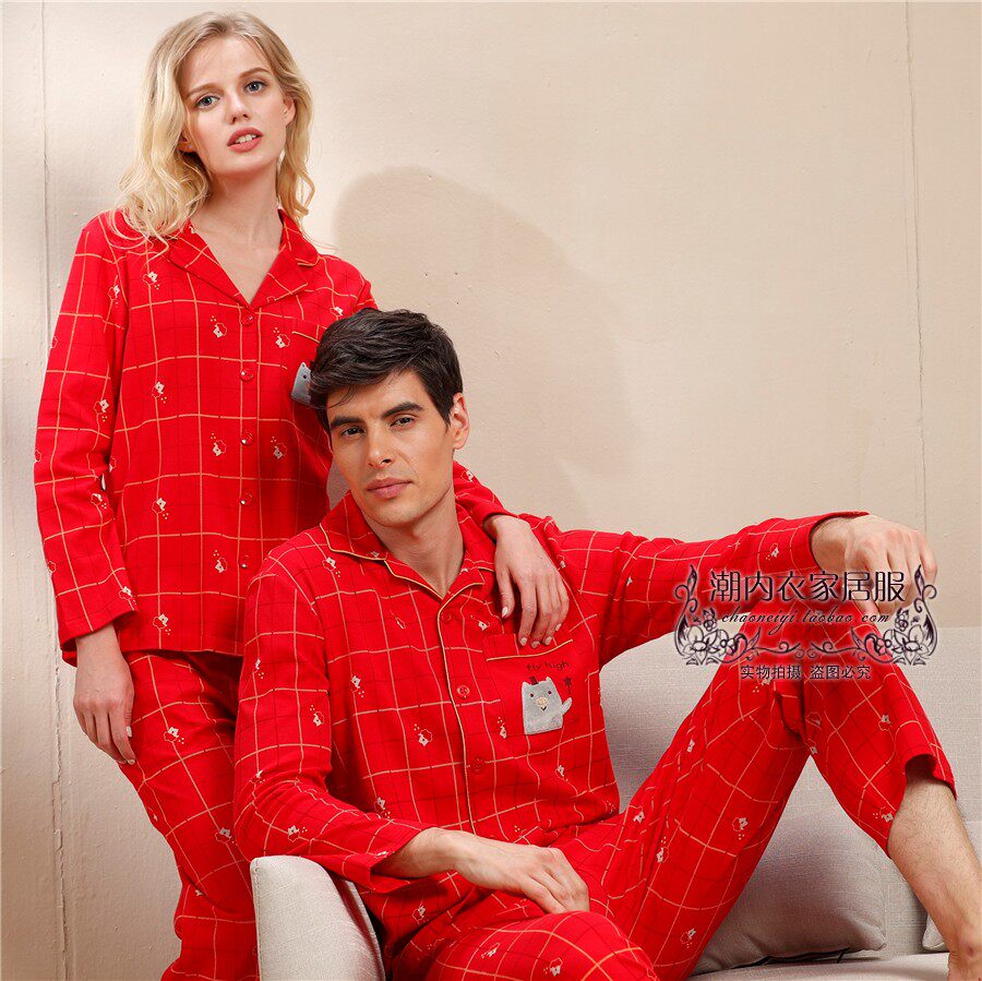 意大莱秋冬女士纯棉对襟大红卡通印花格子家居服睡衣套装断码处理