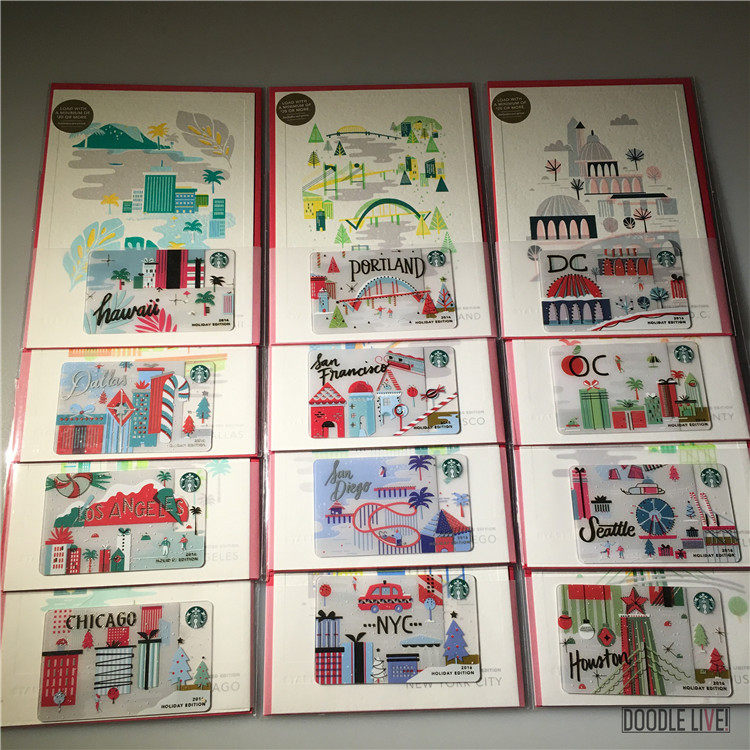 12张一套 星巴克美国卡收藏2016圣诞城市卡休斯顿夏威夷全新未刮