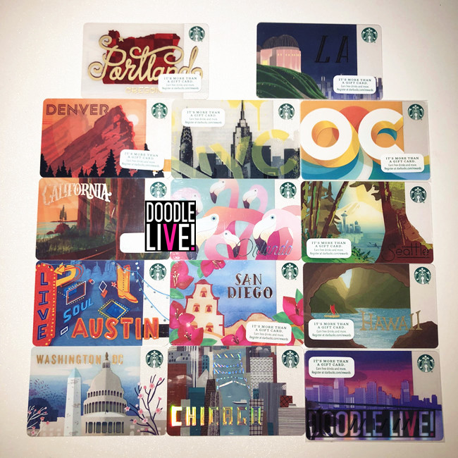 全套14张2016星巴克美国城市卡奥兰多丹佛西雅图迈阿密全新未刮