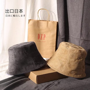 日系灯芯绒渔夫帽子男女秋冬时尚百搭逛街冬天防晒盆帽黑色高品质