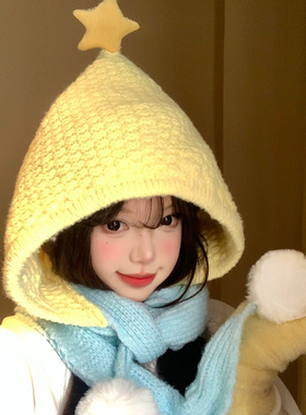 日本黄色星星针织帽子围巾一体女秋冬季巴拉克拉法帽保暖连帽围脖