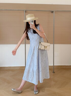 HAIDE妈咪孕妇装韩式夏温柔少女镂空有口袋中长无袖A字背心连衣裙