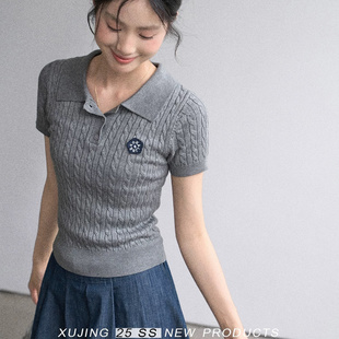 上衣T恤针织衫 25夏季 修身 新款 女 小个子正肩简约纯色polo领短袖