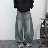 子冬季 美式 高街休闲阔腿裤 高级潮流复古水洗男女裤 弯刀牛仔裤 男款