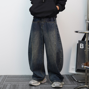 复古水洗牛仔裤 腿弯刀裤 男宽松阔腿裤 大裤 潮流 设计感高街长裤 美式