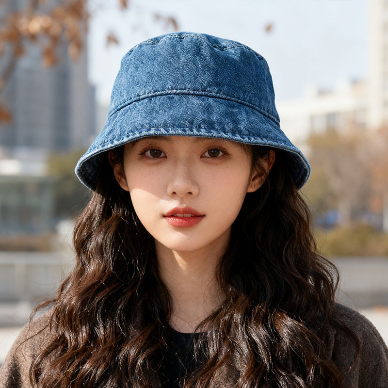 素颜牛仔渔夫帽女秋季日系显脸小百搭简约水桶帽韩版大头围