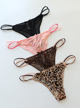 2025性感豹纹网纱丁字裤T裤透明印花日系可爱内裤女士低腰