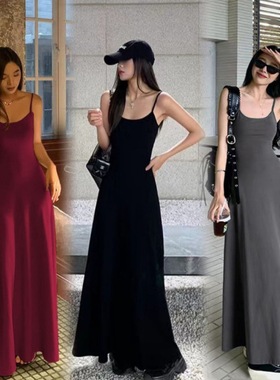 美式girl垂感大露背显瘦吊带小黑裙女修身无袖长裙黑色百搭连衣裙
