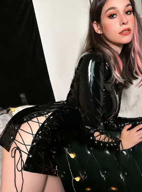 亮皮黑色紧身包臀连衣裙绑带镂空开叉旗袍扣弹力短裙夜店漆皮诱惑