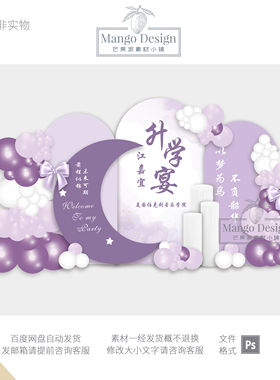 升学宴紫色月亮蝴蝶结水彩手绘拍照迎宾牌背景板设计素材PS源文件