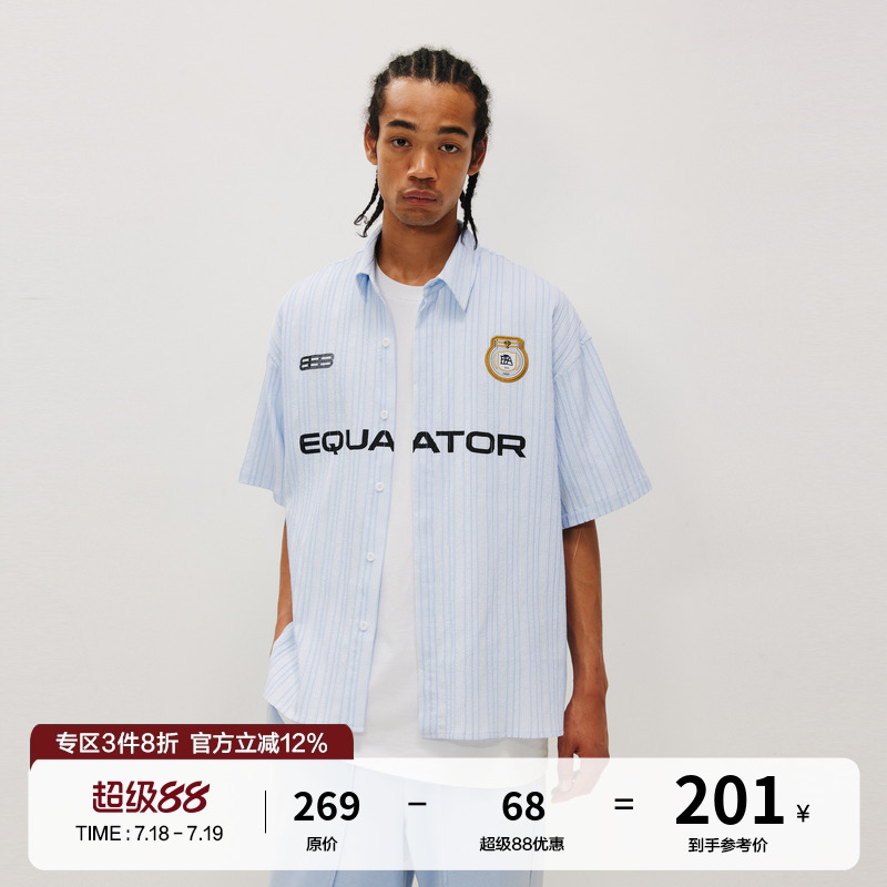 FPA中排版条纹徽章短袖衬衫 夏季休闲宽松情侣中袖五分袖衬衣外套
