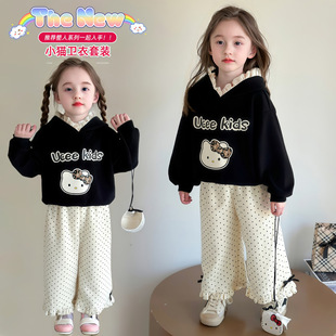 女童春秋新款卫衣套装儿童可爱花边连帽运动服宝宝卡通蝴蝶结套装