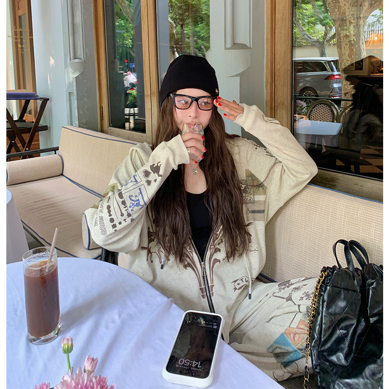 tingtings Jennie同款涂鸦印花连帽卫衣卫裤套装女早秋外套阔腿裤