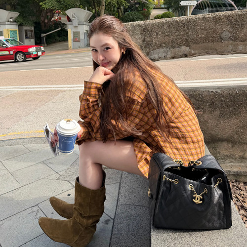 宽松英伦风格子衬衫女慵懒衬衣