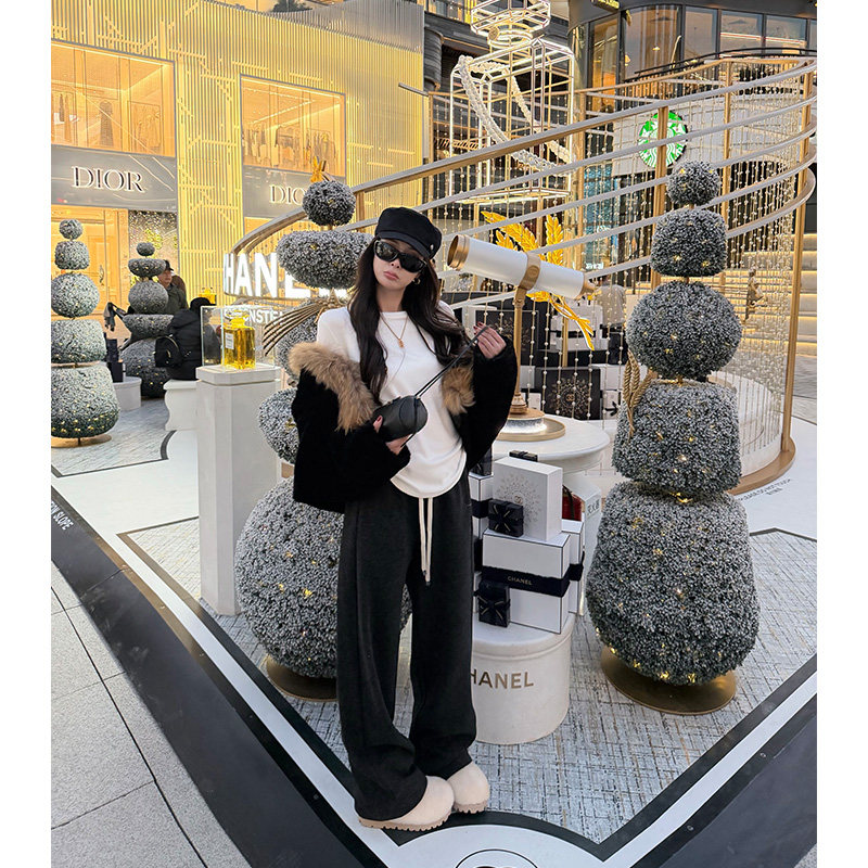 慵懒抓绒休闲裤女秋冬保暖阔腿裤